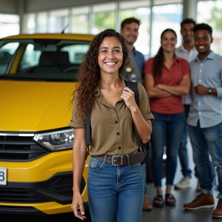 Brasileiros felizes comprando um Volkswagen Gol usado.