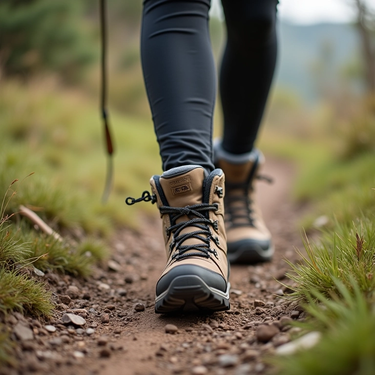 Caminhante com experiência moderada usando botas de trilha confortáveis.