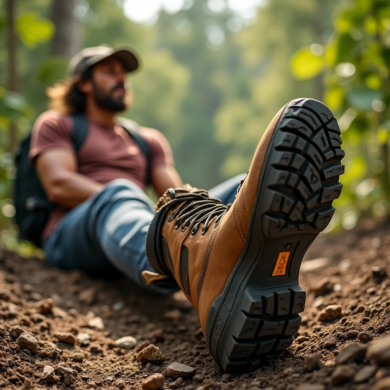 Caminhante relaxando, mostrando botas de trilha confortáveis.