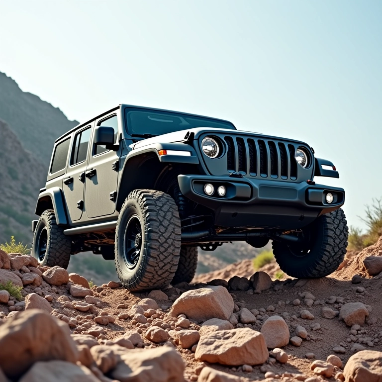 Caminhonete 4x4 subindo colina rochosa em aventura off-road.