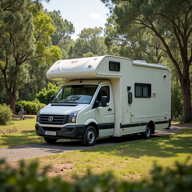 Camper van estacionado em camping bem equipado.