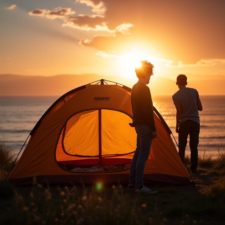 Camping no Uruguai: casal montando barraca na praia.