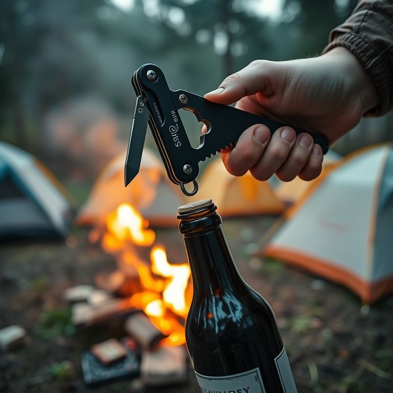Canivete multifuncional abrindo garrafa de vinho em acampamento.