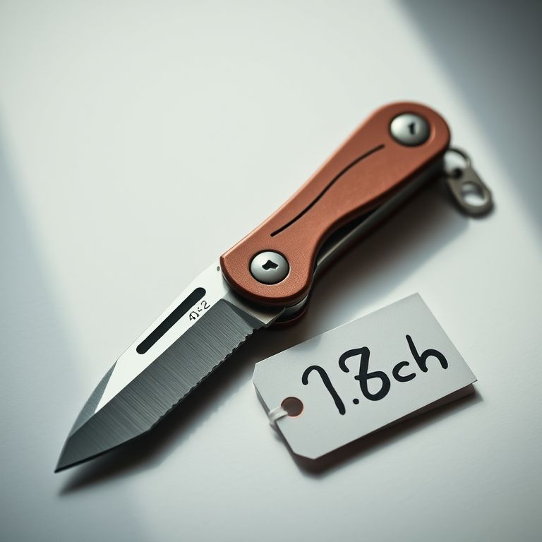 Canivete multifuncional ao lado de etiqueta de preço.