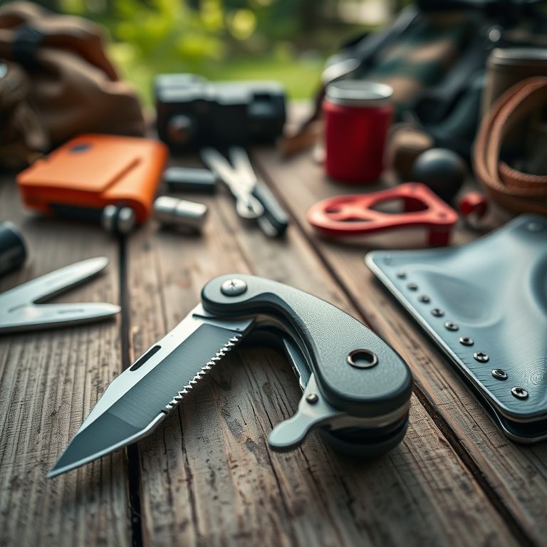 Canivete multifuncional em mesa rústica com equipamentos de camping.