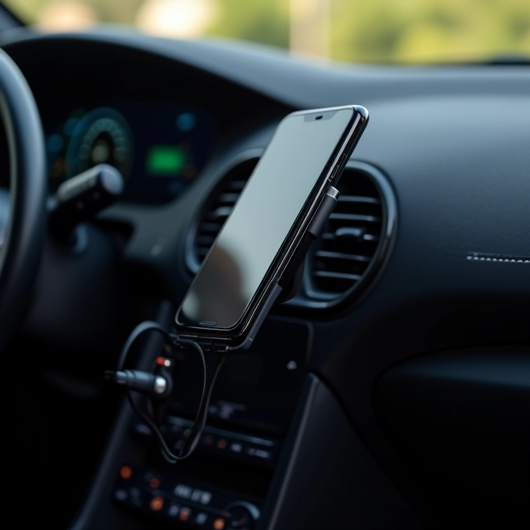 Carregador de celular automotivo conectado a um smartphone no interior de um carro.