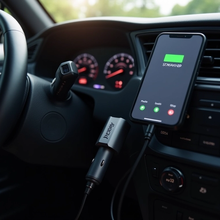 Carregador veicular i2GO Pro carregando GPS e smartphone em um carro.