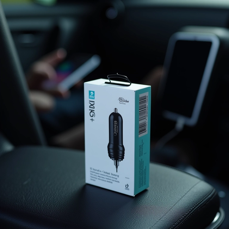 Carregador veicular Kaidi Kd-605 na embalagem em um carro.