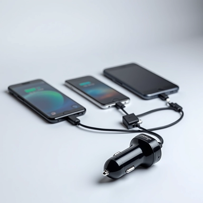 Carregador veicular universal Kimaster 3.1A com vários celulares conectados.