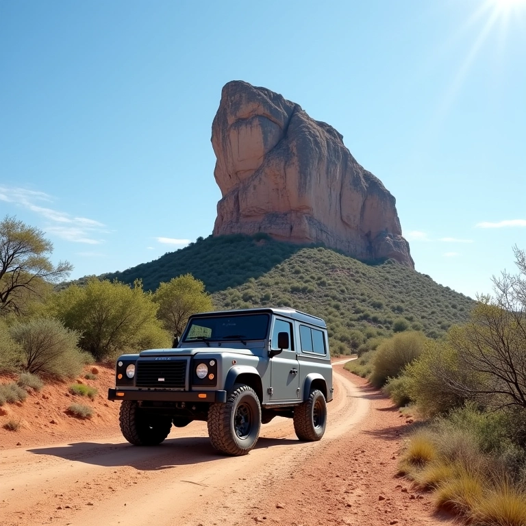 Carro 4x4 estacionado perto da formação rochosa Fortaleza no Parque de Vila Velha.