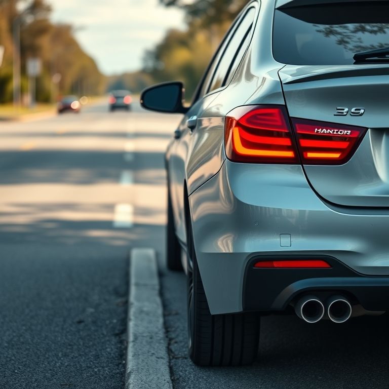 Carro parado na beira da estrada com luzes de emergência e freio de estacionamento eletrônico travado.