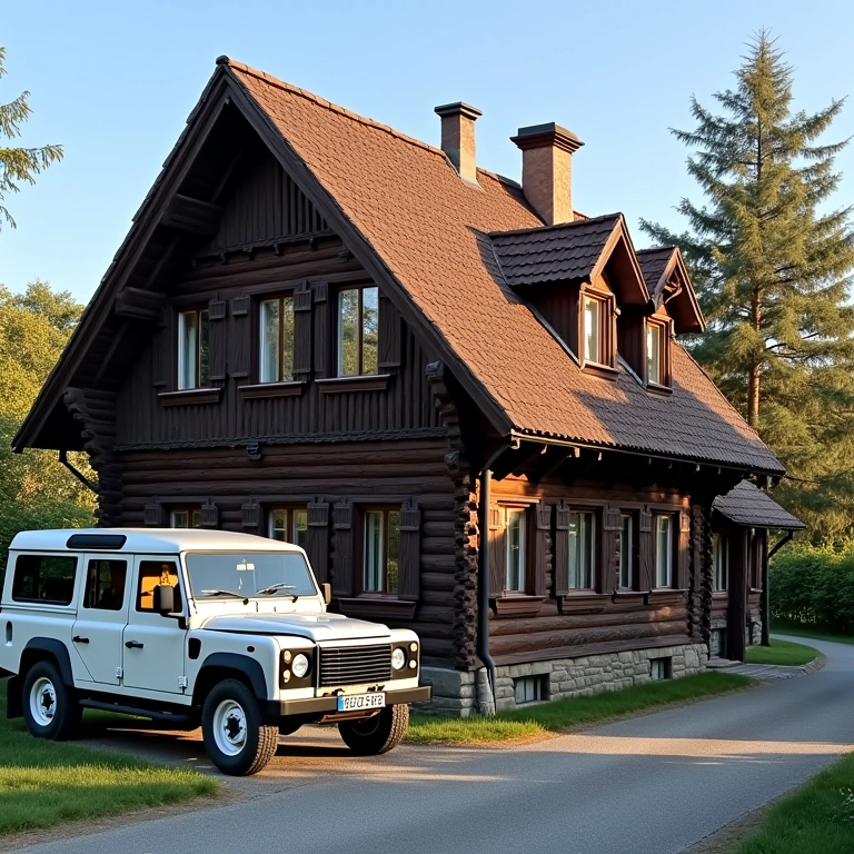 Casa antiga com arquitetura alemã e 4x4 estacionado, representando história e aventura no Vale Europeu.