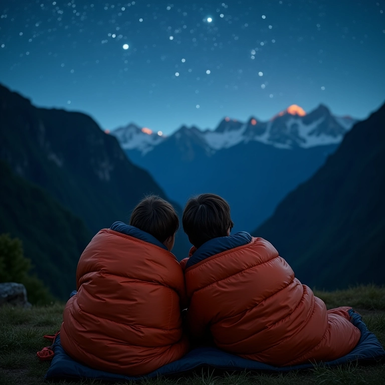 Casal dividindo um saco de dormir para casal.
