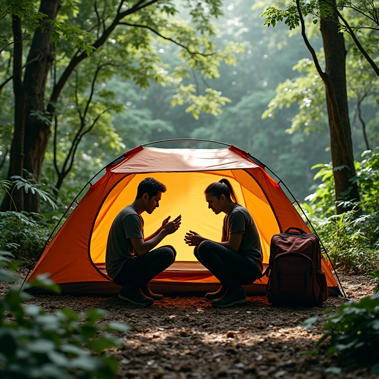 Casal montando barraca de camping para duas pessoas em floresta brasileira.
