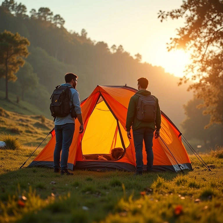 Casal montando barraca inflável com facilidade em camping.