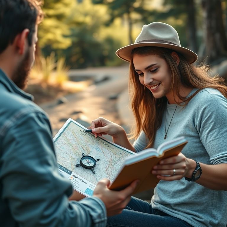 Casal planejando aventura 4x4 com mapa e guia.
