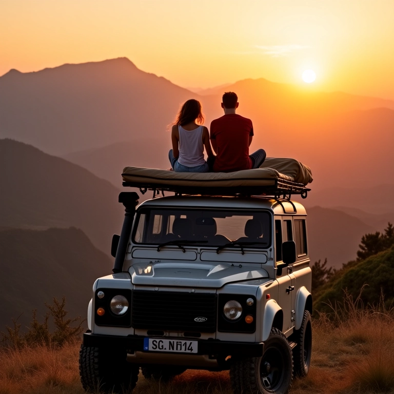 Casal relaxando em barraca de teto com vista para montanhas brasileiras ao pôr do sol.