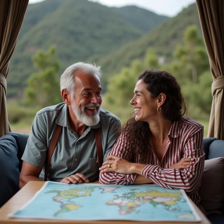 Casal rindo em frente ao campervan, Serra da Mantiqueira, mapa na mesa.
