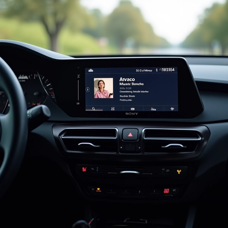 Central multimídia Sony exibindo informações de música.