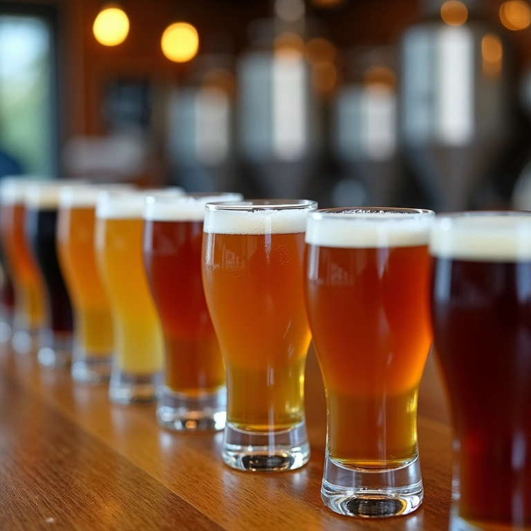 Cervejas artesanais em mesa de madeira no Vale Europeu, com cervejaria ao fundo.