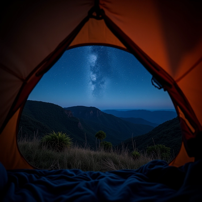Céu estrelado visto de dentro da barraca, Chapada dos Veadeiros.