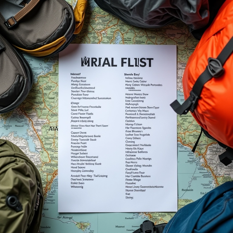 Checklist e plano de refeições sobre um mapa, cercados por equipamentos de trilha.