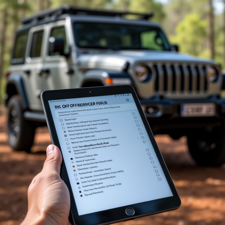 Checklist em um tablet com dicas para diversão off-road e um veículo 4x4 ao fundo.