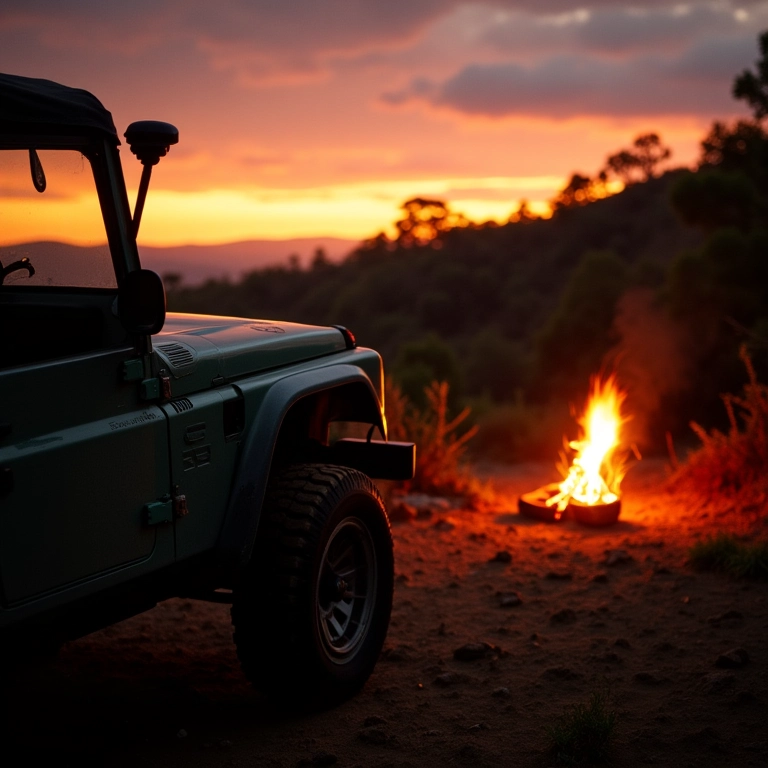 Chegada de um veículo 4x4 a um acampamento na Serra do Cipó ao pôr do sol.