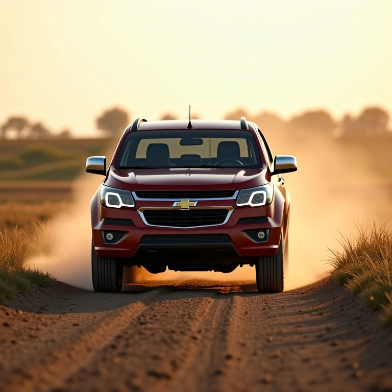 Chevrolet S10 dirigindo em uma estrada de terra através de uma fazenda.
