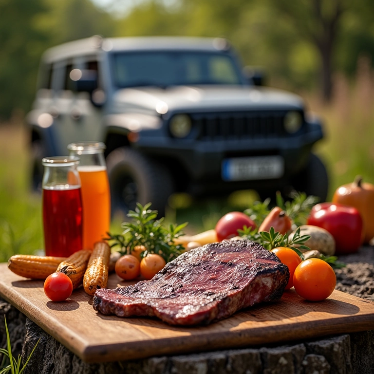 Churrasco gourmet com cortes de carne premium e acompanhamentos em um acampamento off-road.