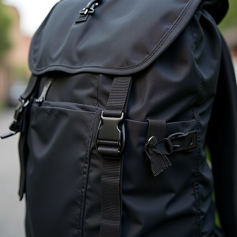 Close do material durável da mochila de 25 litros.