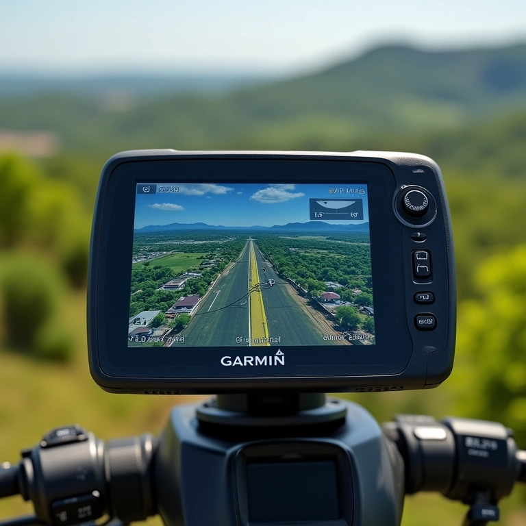 Close-up do Garmin GPSMAP 64sx mostrando funcionalidades.