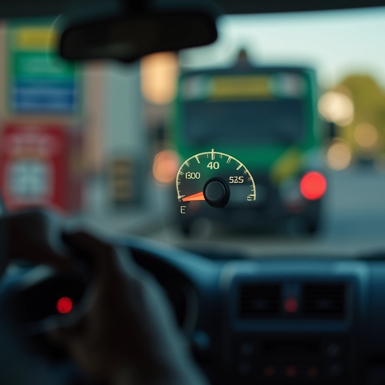 Close-up do medidor de combustível mostrando 'E', motorista preocupado olhando para ele.