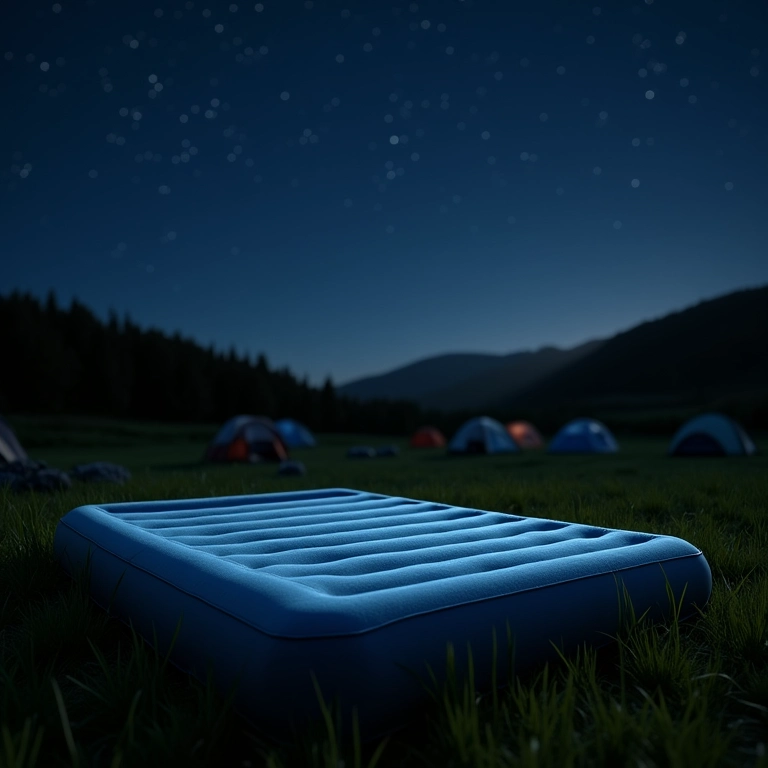 Colchão inflável em cenário de camping noturno.