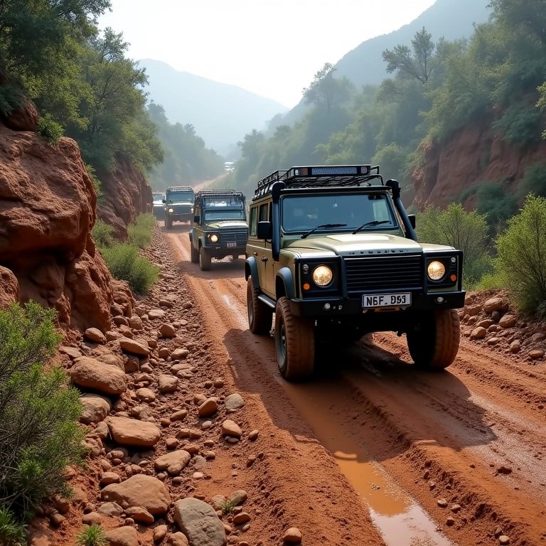 Comboio de veículos 4x4 em trilha rochosa na Chapada dos Guimarães.