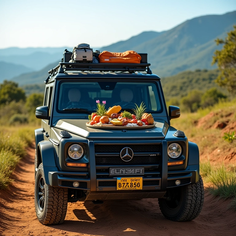 Comida deliciosa e equipamentos para trilha 4x4 em paisagem brasileira deslumbrante.