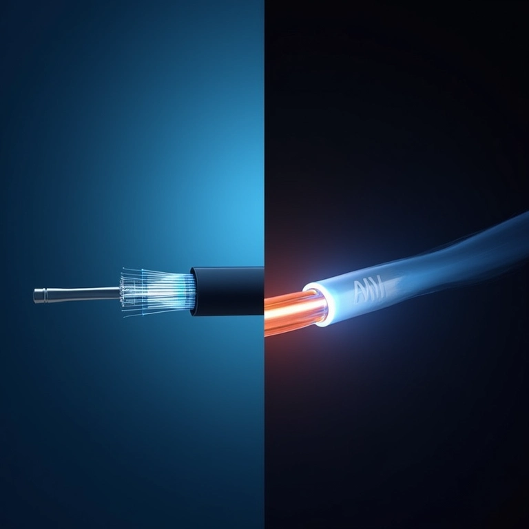 Comparação visual entre Oi Fibra (fibra ótica) e Oi Banda Larga (cabos de cobre).
