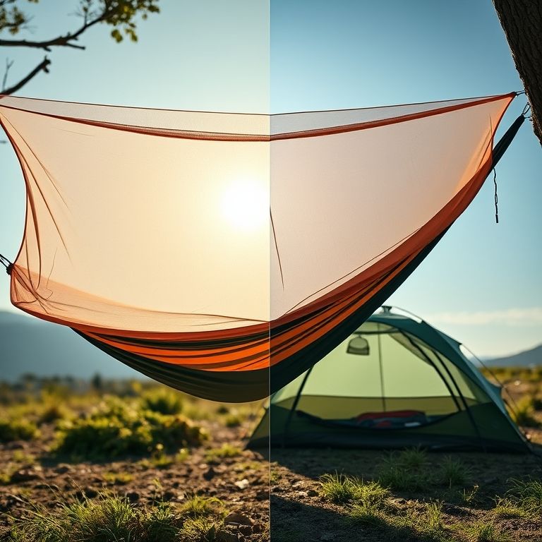 Comparativo entre rede de descanso com mosquiteiro e barraca para camping.