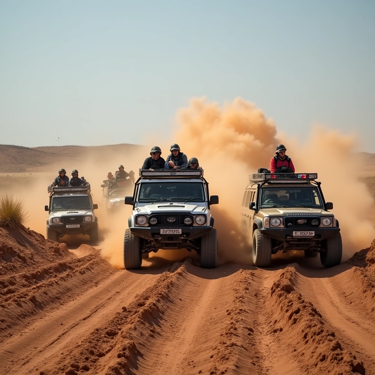 Competição off-road com veículos 4x4 superando obstáculos em meio à poeira.