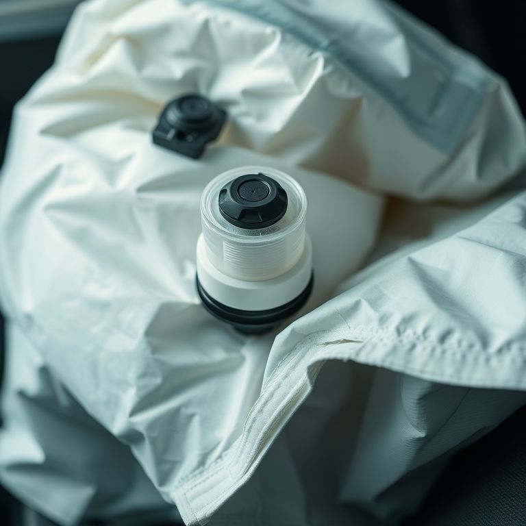 Componentes essenciais do sistema de airbag: sensor, inflador e airbag dobrado.