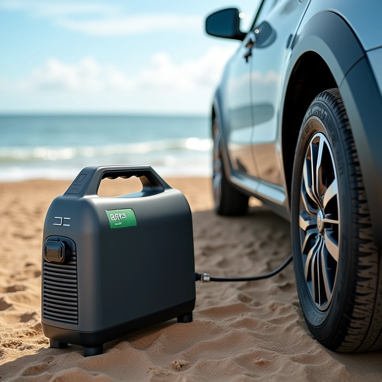 Compressor de ar GSPSCN compacto enchendo pneu de carro em praia brasileira.