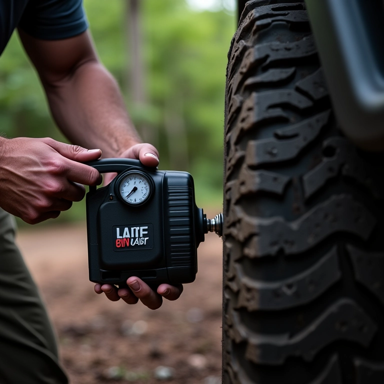 Compressor de ar portátil Viair 400P sendo conectado ao pneu de um veículo off-road.