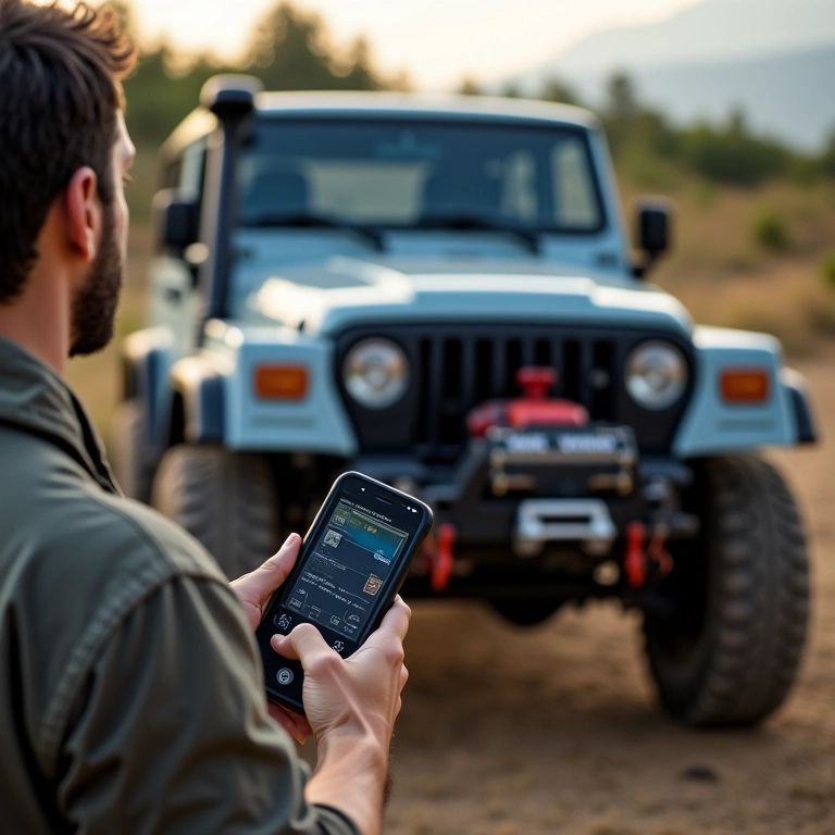Controle remoto de guincho elétrico 4x4 em uso.