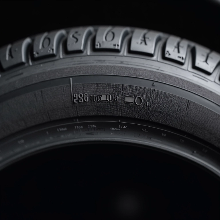 Detalhe da lateral de um pneu mostrando medidas e especificações.