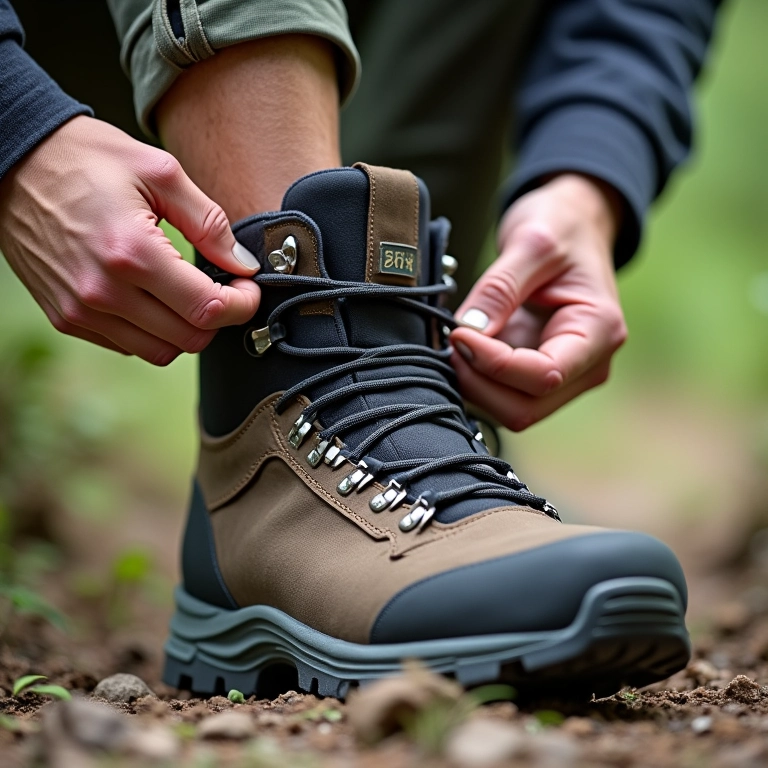 Detalhe de hiker amarrando bota de trilha com foco no suporte do tornozelo.