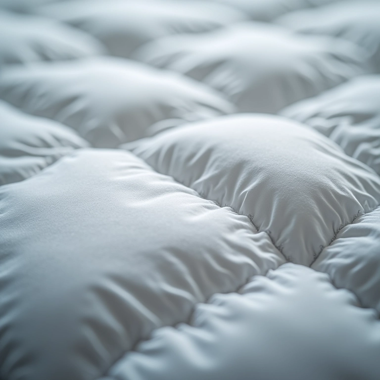 Detalhe de um saco de dormir de pluma de ganso.