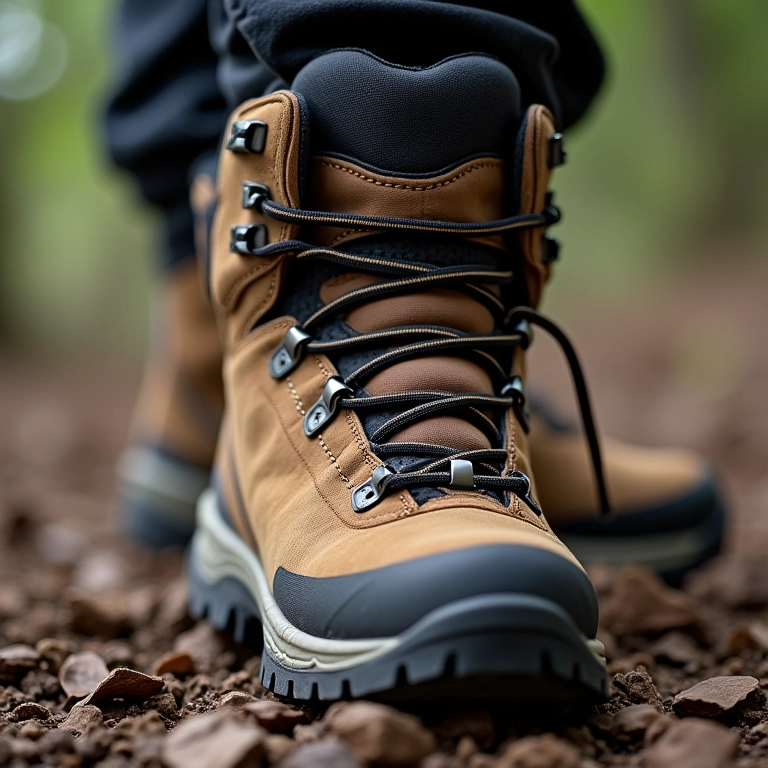Detalhe de uma bota de trilha mostrando o suporte do tornozelo e a estabilidade.