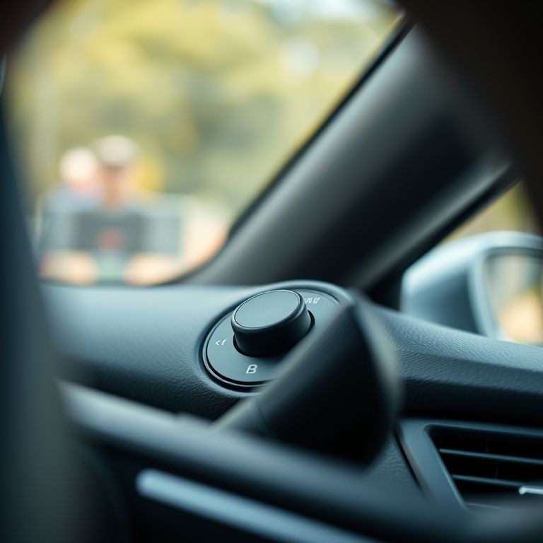 Detalhe do painel de um carro moderno com foco no botão do freio de estacionamento eletrônico.