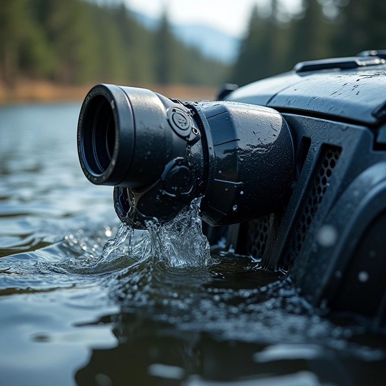 Detalhe do snorkel instalado em um 4x4 com água espirrando.