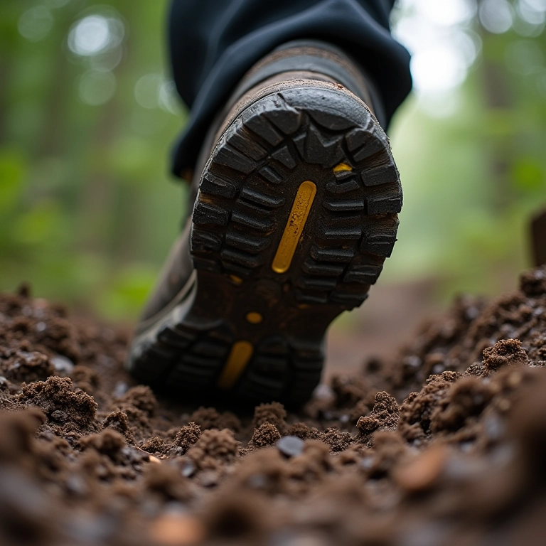Detalhe do solado agressivo de bota de trilha em terreno lamacento.